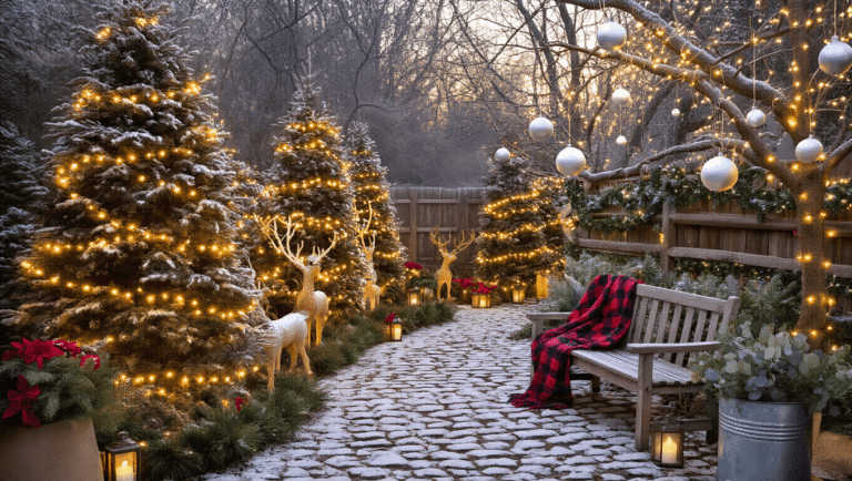 Enchanting Christmas garden at golden hour with warm LED lights, snow-dusted evergreen trees, vintage reindeer, cozy bench, and festive decorations, creating a magical winter wonderland ambiance.