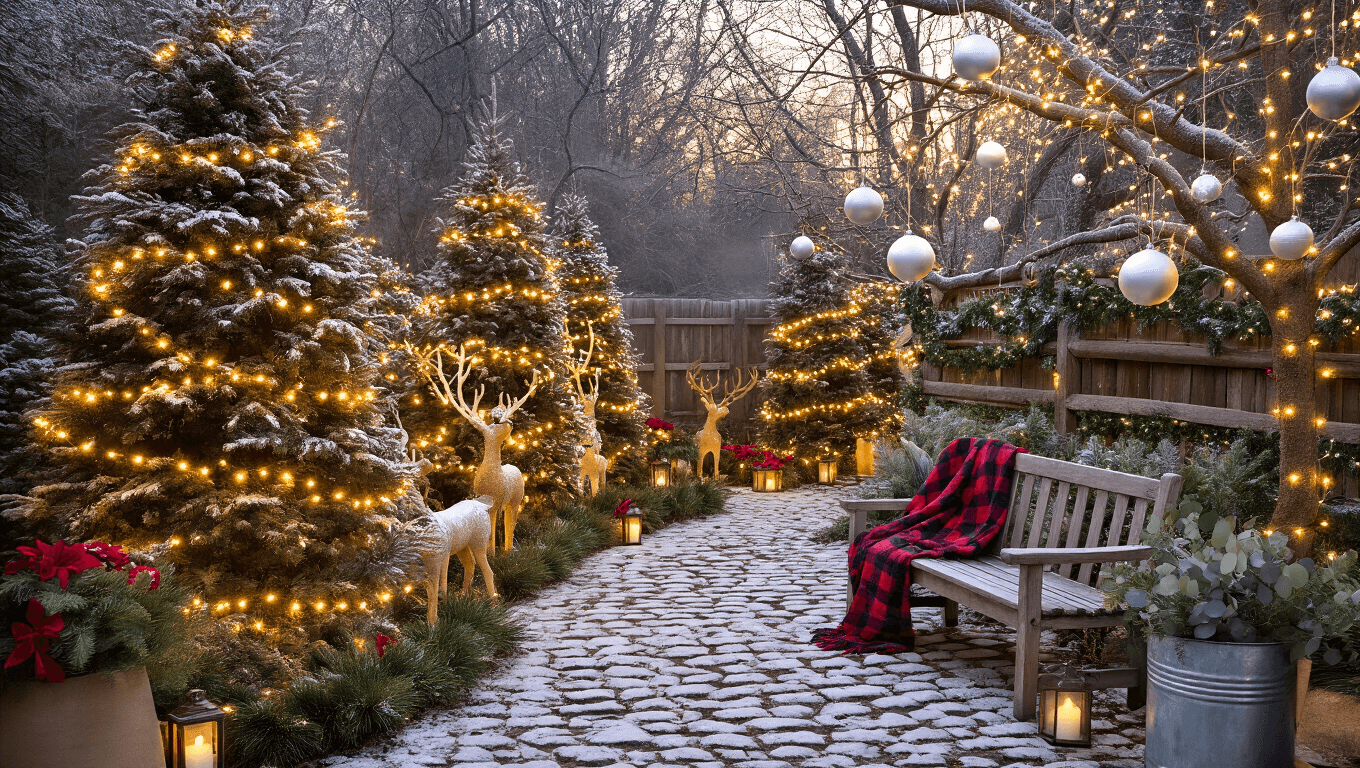 Enchanting Christmas garden at golden hour with warm LED lights, snow-dusted evergreen trees, vintage reindeer, cozy bench, and festive decorations, creating a magical winter wonderland ambiance.