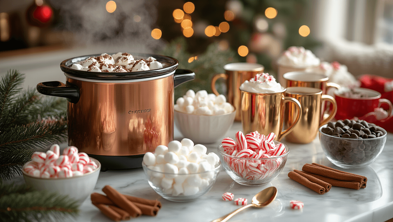 Elegant Christmas hot chocolate bar on marble counter with copper slow cooker, marshmallows, crushed candy canes, and gold-rimmed mugs, featuring warm ambient lighting and cozy winter decor.