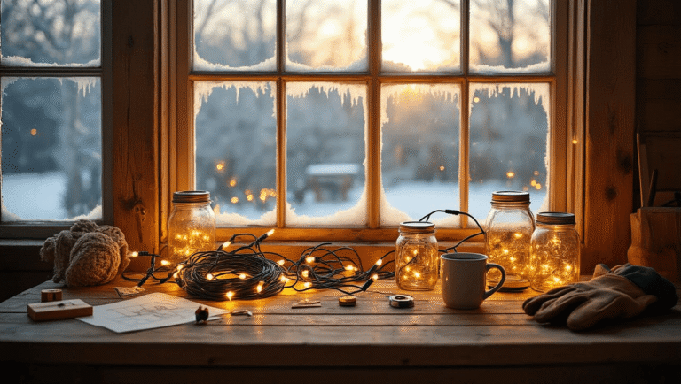 A warm, cozy workspace featuring a rustic wooden workbench adorned with LED Christmas lights, vintage mason jars filled with colorful bulbs, and scattered installation tools, all illuminated by golden hour light streaming through frosty windows.