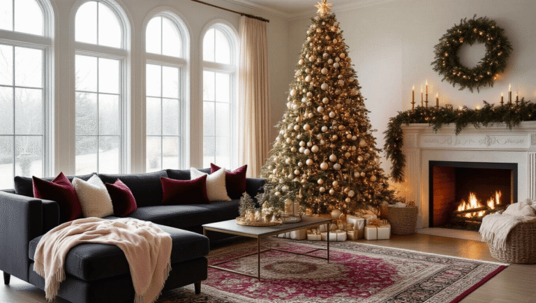 A luxurious Christmas living room featuring a towering Fraser fir tree adorned with vintage mercury glass ornaments, soft velvet ribbons, and warm string lights, complemented by a charcoal sectional, antique Persian rug, crackling fireplace, and lush garland, all illuminated by golden hour light.