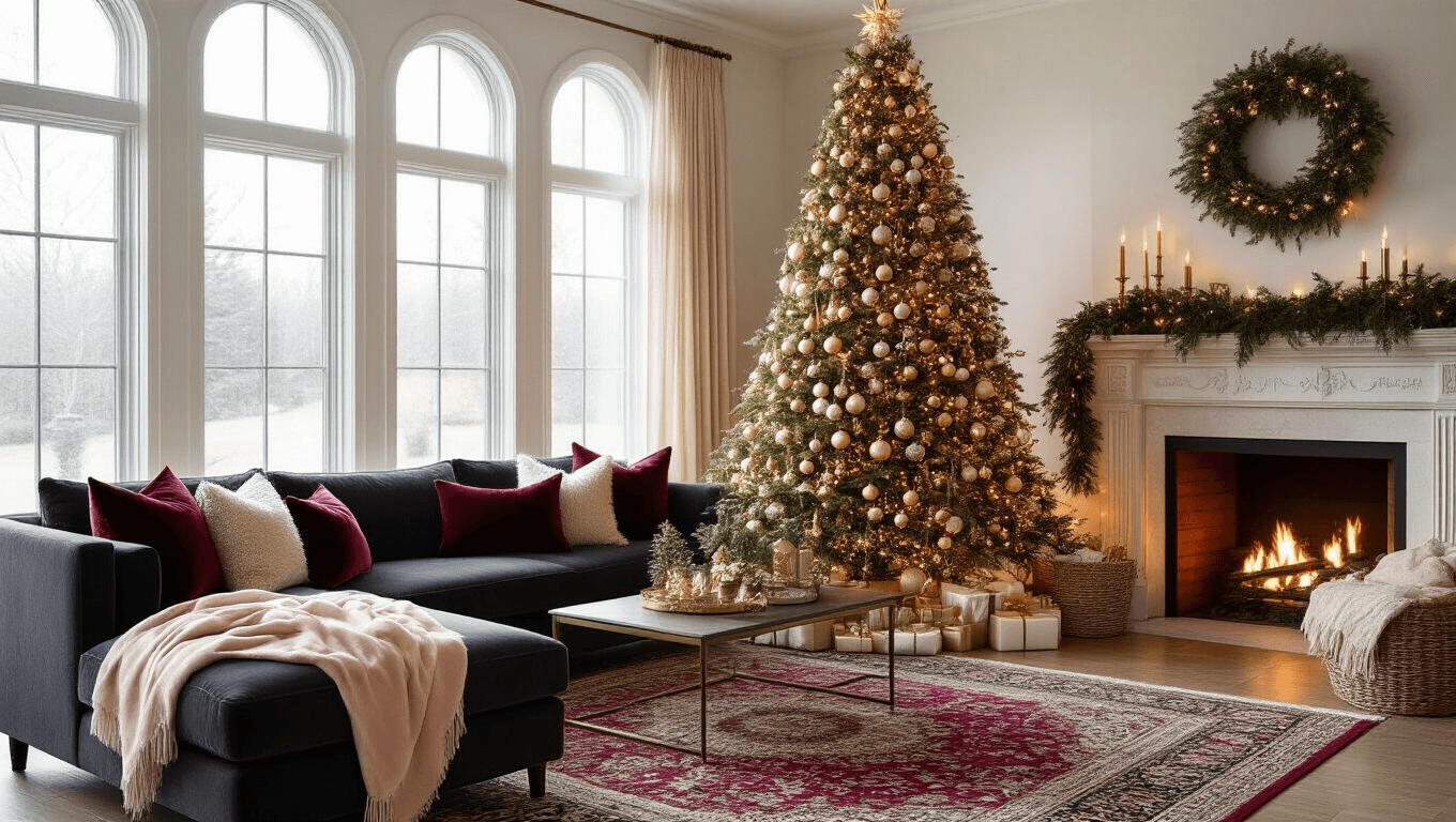 A luxurious Christmas living room featuring a towering Fraser fir tree adorned with vintage mercury glass ornaments, soft velvet ribbons, and warm string lights, complemented by a charcoal sectional, antique Persian rug, crackling fireplace, and lush garland, all illuminated by golden hour light.