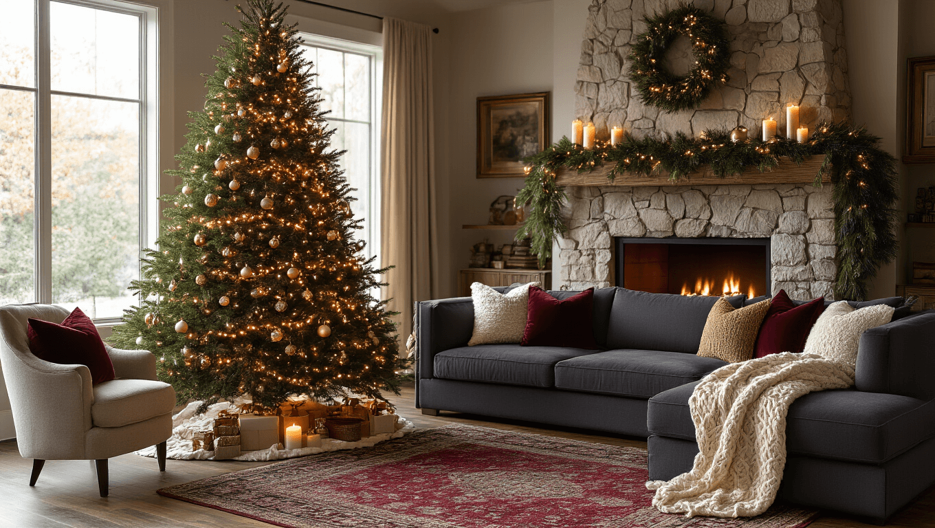 A cozy Christmas living room featuring a 9-foot Noble Fir tree with warm amber lights, metallic ornaments, and an asymmetrical pine garland on a stone fireplace. The plush charcoal sectional is accented with burgundy velvet and cream knit pillows, and is complemented by a chunky cable-knit blanket. Vintage Persian rug on rich hardwood floors, with soft window light casting warm shadows.