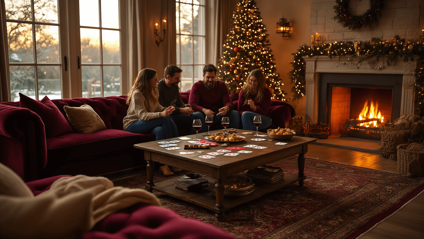 Cinematic view of a cozy Christmas party in an elegant living room, featuring adults around a plush velvet sofa, game supplies on a rustic coffee table, warm light from a fireplace and windows, a decorated tree, and festive decor, all in inviting hues of red, gold, and green.