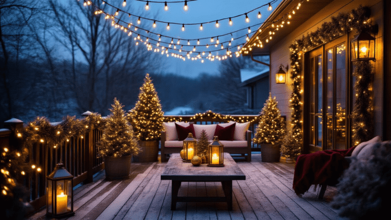 Cinematic wide shot of a beautifully decorated outdoor Christmas patio at golden hour, featuring warm LED string lights, thick pine garland, pre-lit alpine trees, flickering lanterns, and a serene winter backdrop with soft snow dusting.