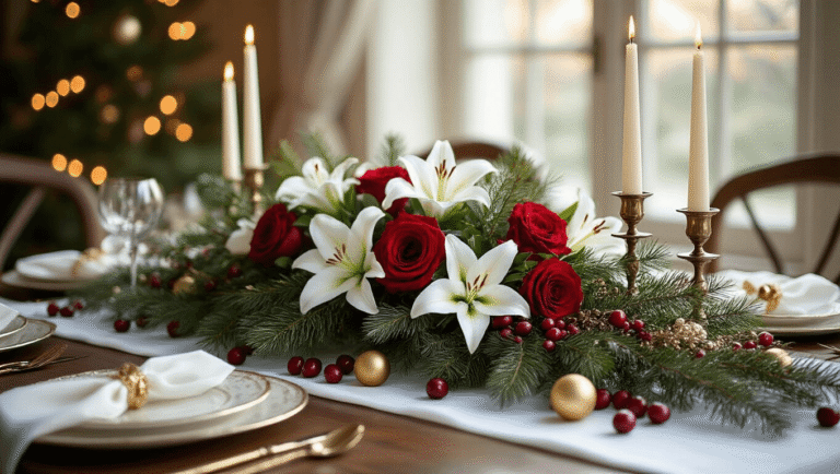 Luxurious Christmas dining table centerpiece featuring white lilies and red roses arranged in fresh pine branches, accented with cranberries and gold ornaments, complemented by elegant silver taper candles in antique brass holders, all set on a crisp white linen tablecloth with velvet ribbon accents, bathed in warm golden afternoon light.