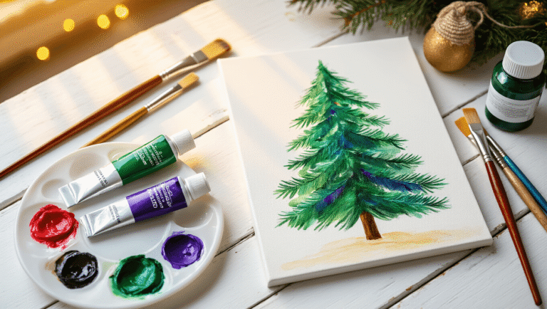 Warm close-up of Christmas tree painting supplies on a clean white wooden surface, featuring acrylic paint tubes in vibrant colors, assorted brushes, and a half-finished canvas illuminated by golden hour light, creating a cozy and inviting artistic atmosphere.