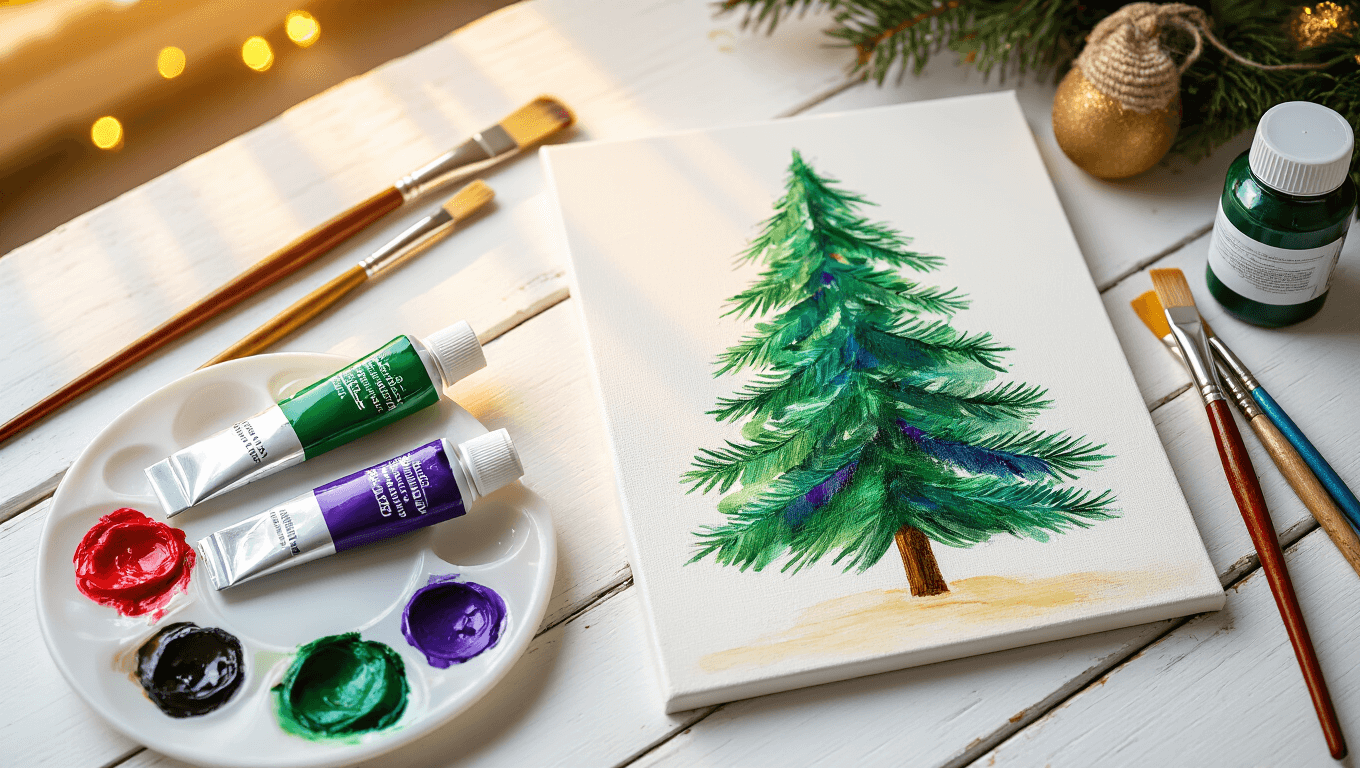 Warm close-up of Christmas tree painting supplies on a clean white wooden surface, featuring acrylic paint tubes in vibrant colors, assorted brushes, and a half-finished canvas illuminated by golden hour light, creating a cozy and inviting artistic atmosphere.