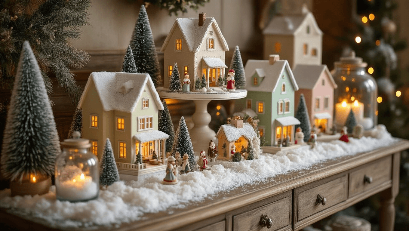 Cinematic Christmas village display on an antique wooden console featuring pastel miniature houses on cake stands, surrounded by textured artificial snow, bottle brush trees, vintage figurines, and warm amber LED lighting, all arranged with a cozy farmhouse aesthetic.