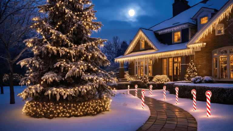 A beautifully lit outdoor Christmas display featuring LED string lights on snow-covered spruce trees, icicle lights along the roof, warm white net lights on hedges, and candy cane path lights, all set against a dramatic twilight sky and cozy window glow.