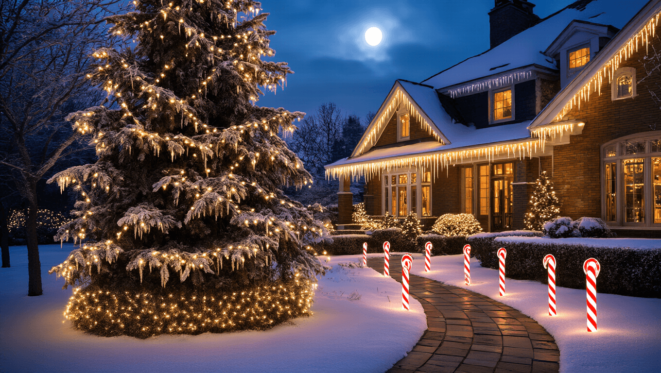 A beautifully lit outdoor Christmas display featuring LED string lights on snow-covered spruce trees, icicle lights along the roof, warm white net lights on hedges, and candy cane path lights, all set against a dramatic twilight sky and cozy window glow.
