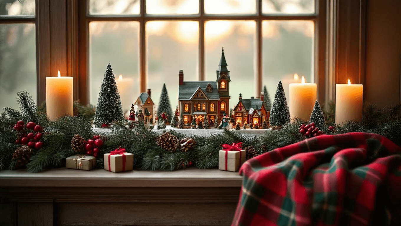 Ultra-detailed Christmas village mantel with vintage miniatures, rich red and emerald green decor, flameless candles, pine garland, and a plaid wool throw, bathed in soft golden hour light, creating a cozy nostalgic atmosphere.