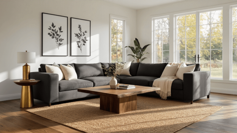 Cinematic wide-angle shot of a contemporary living room featuring a charcoal gray sectional sofa, live-edge walnut coffee table, and honey oak hardwood floors, illuminated by golden hour light through large windows.