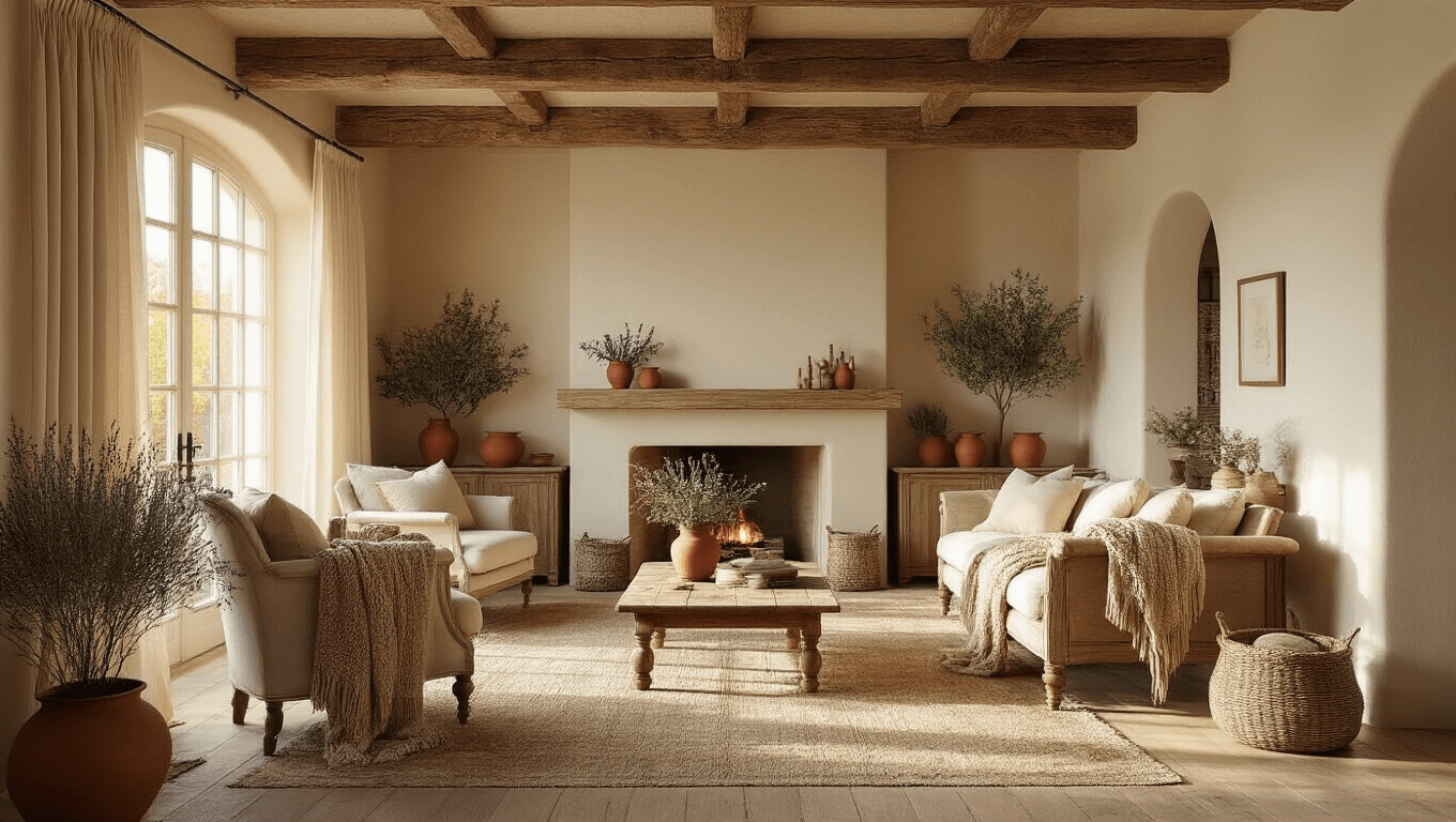Ultra-photorealistic image of a cozy cottage living room with warm cream walls, a reclaimed wood beam ceiling, aged oak furniture, a vintage rose botanical armchair with knit throws, terracotta pots with greenery, and a stone fireplace, all illuminated by golden hour light for an inviting atmosphere.