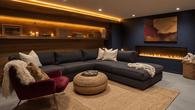 Cozy transformed basement interior featuring warm LED lighting, a charcoal sectional sofa with cream pillows, layered rugs, a burgundy velvet reading chair, wooden accent wall with shelves, flickering electric fireplace, warm textiles, and soft afternoon light.