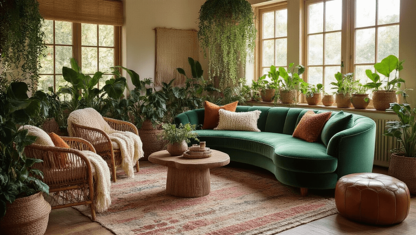Cinematic shot of a cozy bohemian living room featuring an emerald velvet curved sofa, textured throws, layered Moroccan rugs, and abundant greenery, all bathed in warm golden hour light.