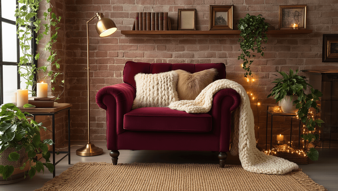 Cozy corner featuring a burgundy velvet armchair with a cream cable-knit throw, layered faux fur pillows, a brass floor lamp, walnut shelves with books and frames, a pothos plant, a woven jute rug, vanilla candles, warm LED lights, and natural morning light, all emphasizing rich textures in a serene atmosphere.