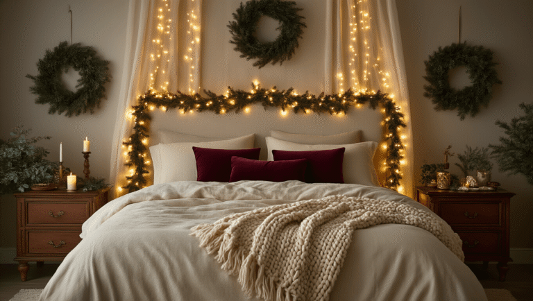 Cinematic shot of a cozy Christmas-themed bedroom featuring warm fairy lights, pre-lit evergreen garland, burgundy velvet throw pillows, and a chunky knit cashmere throw, all bathed in golden hour lighting filtering through sheer curtains, with rich textures and a deep forest green and gold color palette.