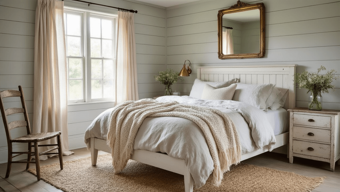 Cinematic wide shot of a cozy cottage bedroom featuring a distressed white wooden bed, layers of rumpled linen bedding, vintage decor, and warm ambient lighting.