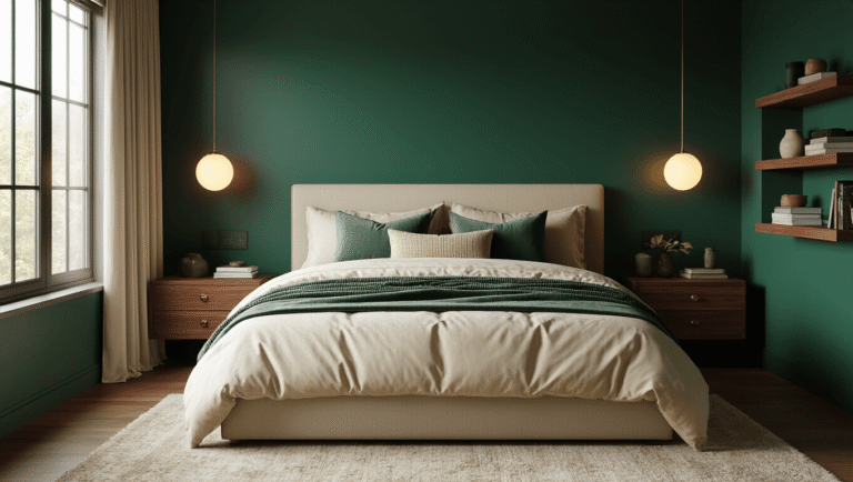 Cinematic small bedroom with deep emerald walls, queen bed dressed in layered cream, sage, and charcoal bedding, floating walnut nightstands, warm pendant lights, and a plush wool area rug, creating a cozy and intimate atmosphere with soft morning light filtering through floor-to-ceiling curtains.