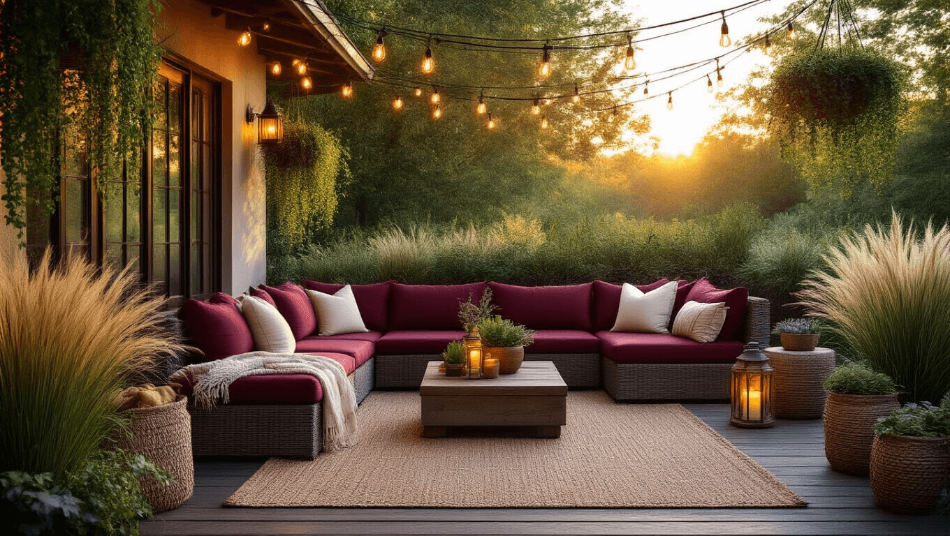 Cinematic wide-angle view of a cozy patio at golden hour, featuring a sectional sofa with burgundy cushions, weathered wood decking, warm string lights, lush plants, and soft blankets, creating an inviting outdoor sanctuary.