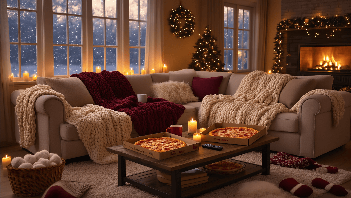 Cozy living room with plush sectional sofa, chunky knit throw blankets, fluffy pillows, pizza boxes on rustic coffee table, holiday pajamas, flickering candles, string lights, fuzzy socks in wicker basket, soft snowfall outside frosted windows, creating a warm hygge atmosphere.
