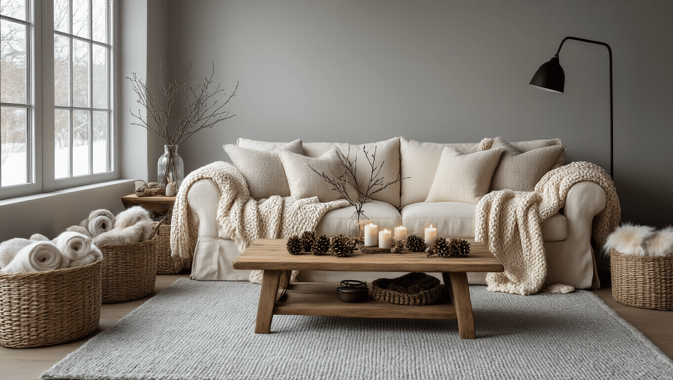 Ultra-detailed cozy winter living room with cream linen sofa, chunky knit throws, natural wood coffee table, and soft ambient lighting, showcasing rich textures and inviting atmosphere.