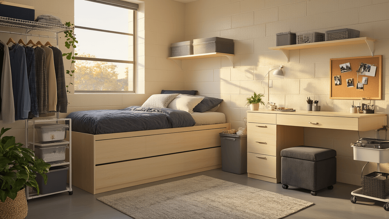 Cinematic interior of a compact college dorm room featuring cream cinderblock walls, organized vertical storage, a raised bed with under-storage, a sleek blonde wood desk, and a charcoal storage ottoman, illuminated by warm golden hour sunlight, showcasing multi-functional furniture and a cozy atmosphere with string lights and plants.