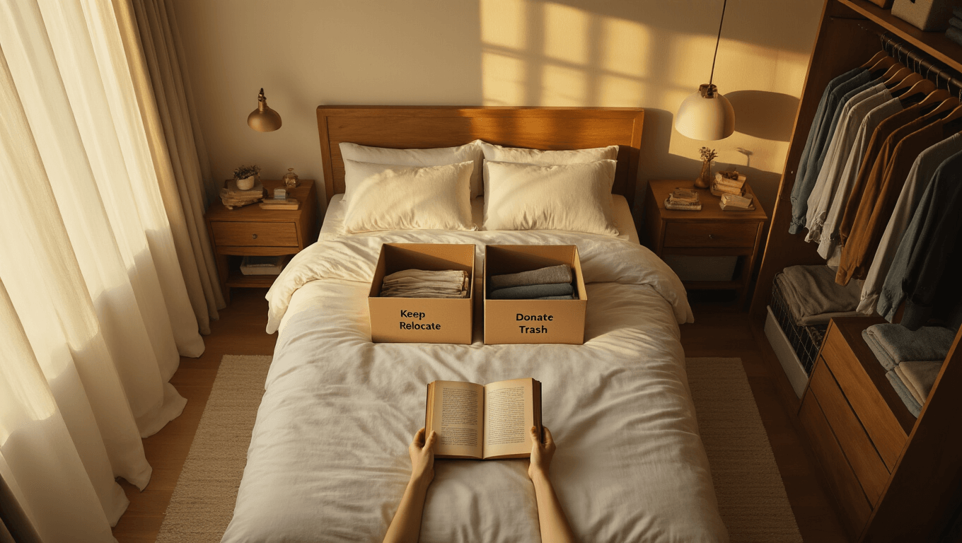 Cinematic overhead view of a decluttered bedroom during golden hour, featuring neatly made white linen bed, labeled sorting boxes on a nightstand, and a cozy, organized aesthetic with warm lighting and rich textures.