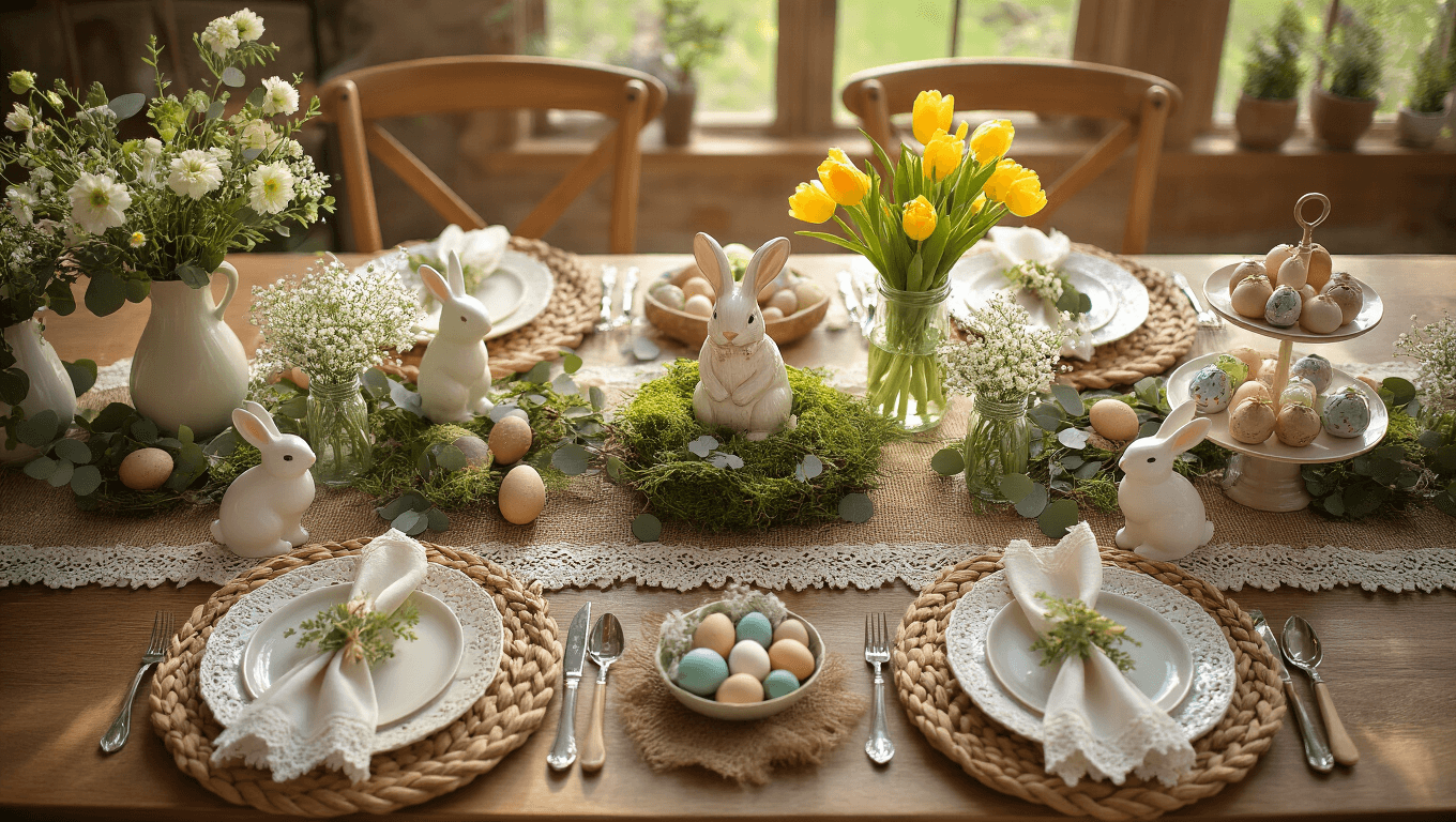 Cinematic overhead view of an elaborate Easter tablescape featuring braided placemats, lace-trimmed napkins, and wooden decorative eggs surrounded by fresh eucalyptus moss, complemented by vintage porcelain bunnies, mason jars with baby's breath, pastel ceramic egg holders, and fresh flowers, all bathed in warm golden hour sunlight.