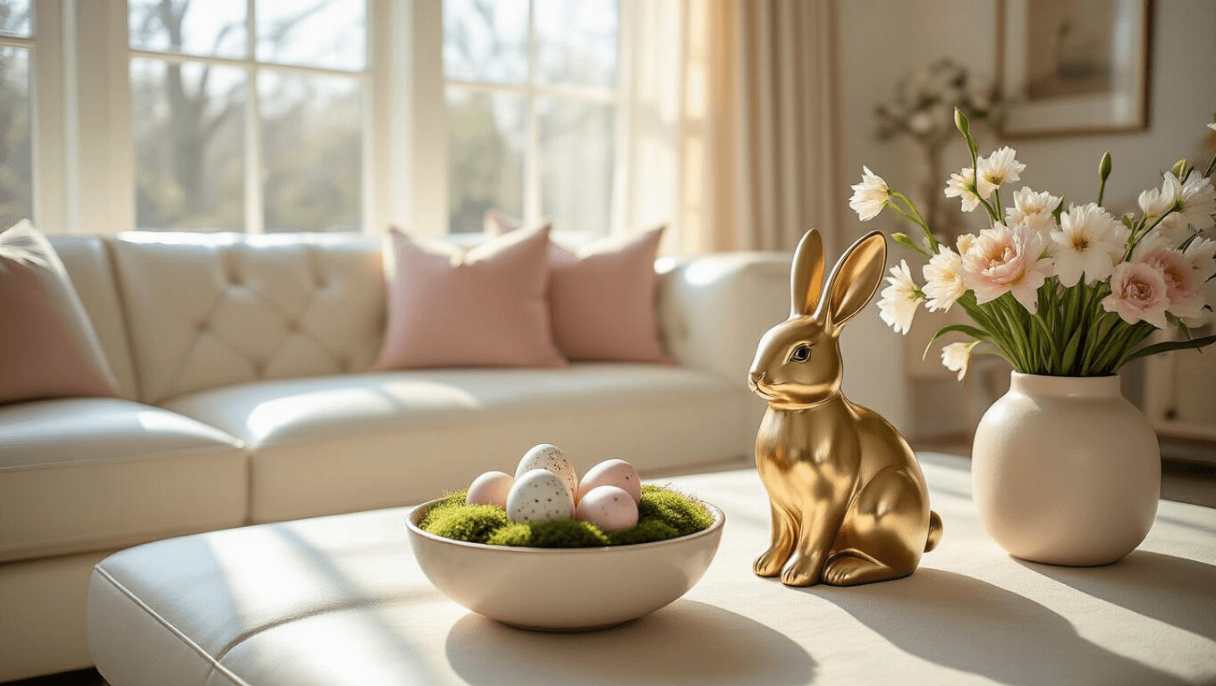 Cinematic mid-century living room decorated for Easter, featuring a blush pink and cream color palette, an elegant white leather sofa, a gold-rimmed bunny sculpture, speckled eggs in a moss-filled bowl, and fresh spring flowers, all illuminated by natural morning light.