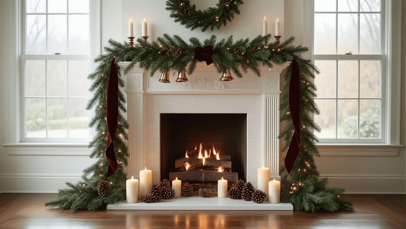 Elegant Christmas fireplace featuring a white ceramic mantel adorned with lush pine garland, burgundy velvet ribbon, and champagne gold bells, illuminated by soft winter light, with glowing pillar candles and a cozy wool throw nearby.