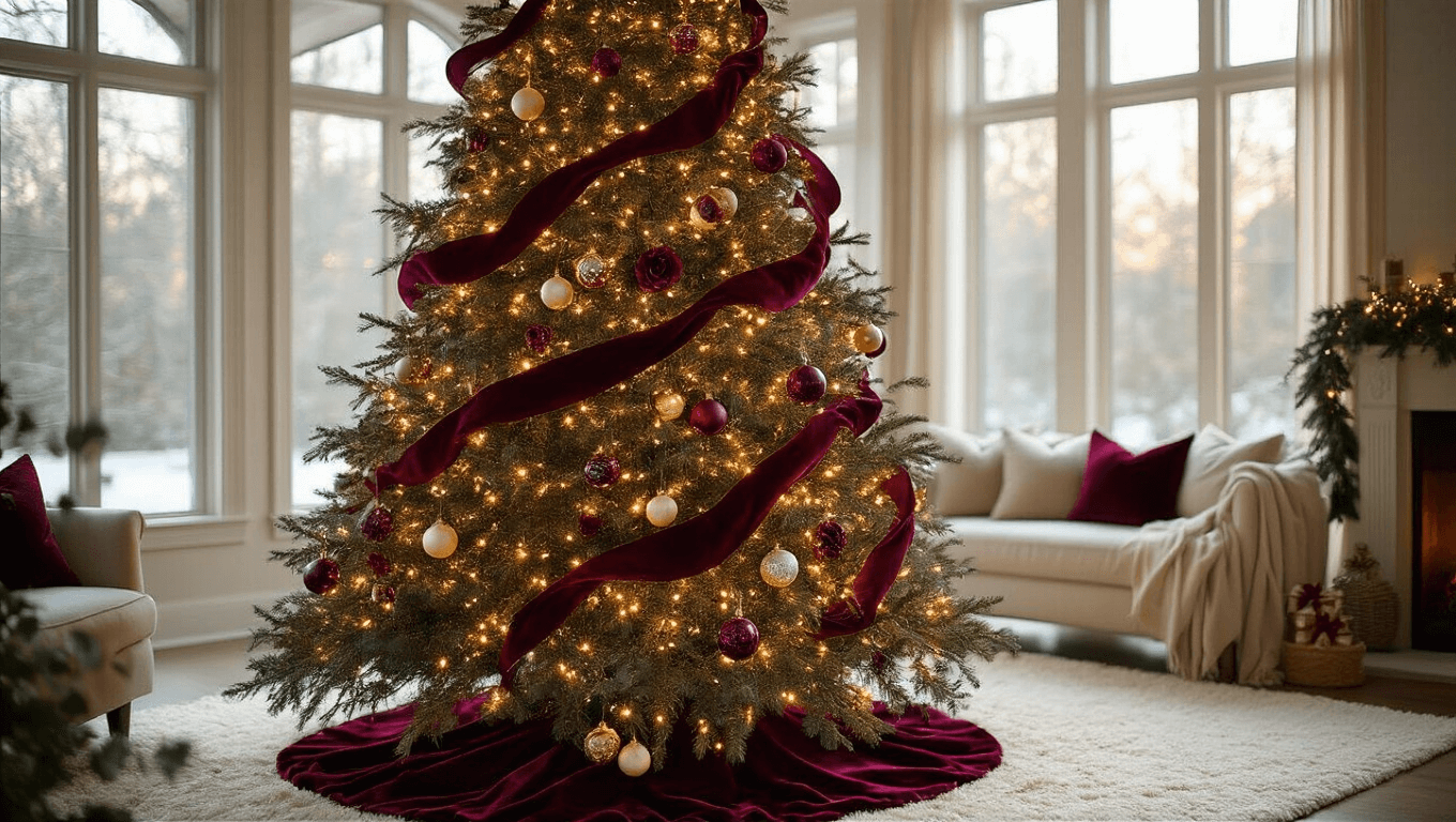 A beautifully decorated 9-foot Christmas tree in a cozy living room, featuring deep burgundy velvet ribbons, warm fairy lights, and eucalyptus garlands, with a cream wool rug and soft natural light enhancing the elegant holiday atmosphere.