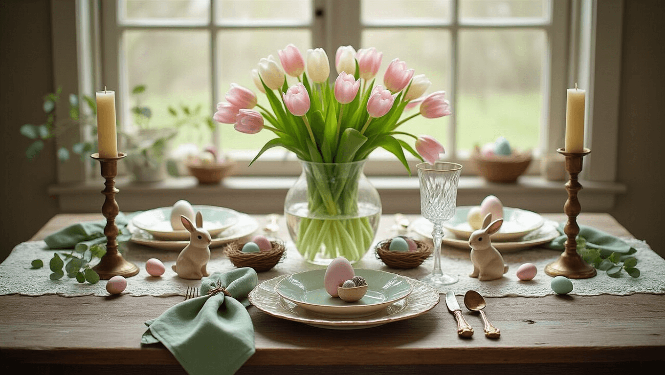 Elegant Easter dining table setting featuring a rustic wooden surface, delicate lace runner, fresh tulips, gold-rimmed plates, pastel eggs, and soft morning light.