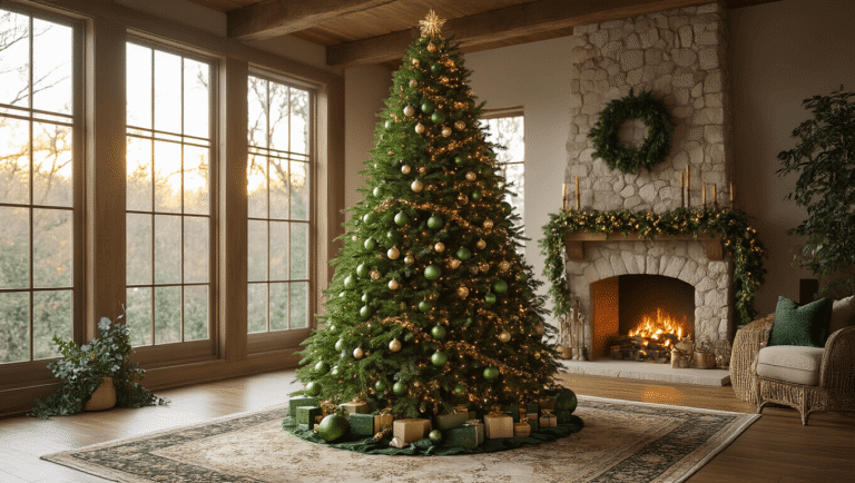 A majestic 9-foot Fraser fir Christmas tree in an elegant living room, adorned with forest green velvet ornaments, sage glass baubles, and gold accents, with warm golden hour light illuminating the space.