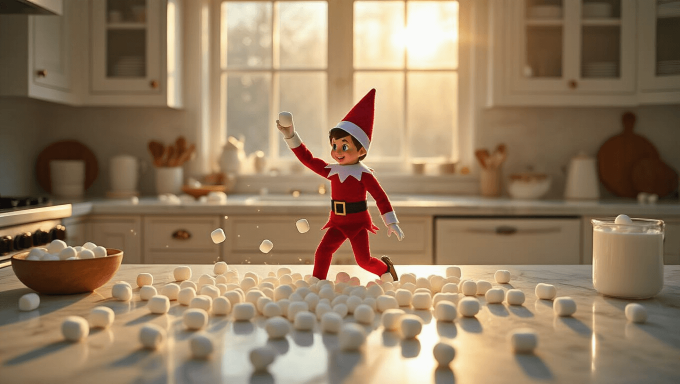 A playful kitchen scene at dawn with soft golden light, featuring a mischievous Elf on the Shelf holding a marshmallow amidst scattered mini marshmallows on white marble countertops, capturing a cozy holiday atmosphere.