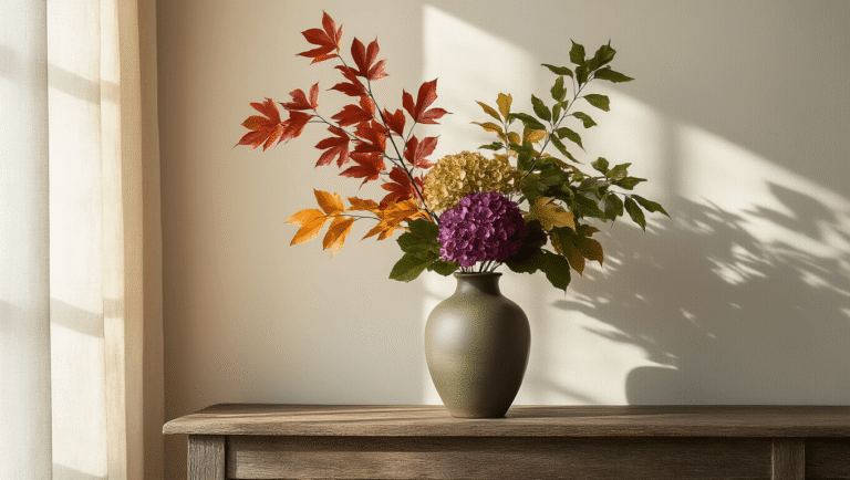 Elegant fall greenery arrangement featuring Japanese maple, ginkgo leaves, and oakleaf hydrangea on a weathered oak table, with soft afternoon light and rich textures.