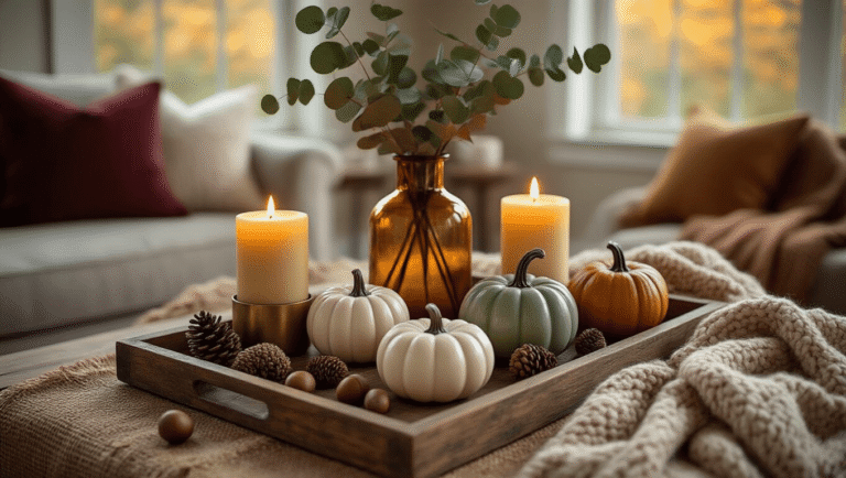 Cinematic overhead shot of a cozy fall coffee table styled with a rustic wooden tray of mini ceramic pumpkins, tall eucalyptus stems in an amber vase, flickering pillar candles in brass holders, scattered acorns and pinecones, and a chunky knit throw, all bathed in warm golden hour lighting.