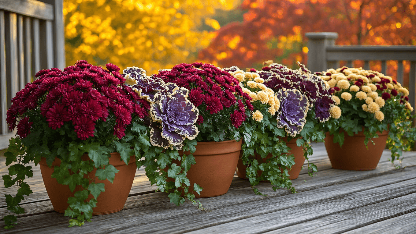 Cinematic outdoor fall garden featuring terracotta planters with burgundy chrysanthemums and purple ornamental kale on a weathered wooden deck, under warm golden hour lighting, with cascading ivy, amber and crimson maple trees in the background, dewdrops on kale leaves, and rustic garden tools nearby.