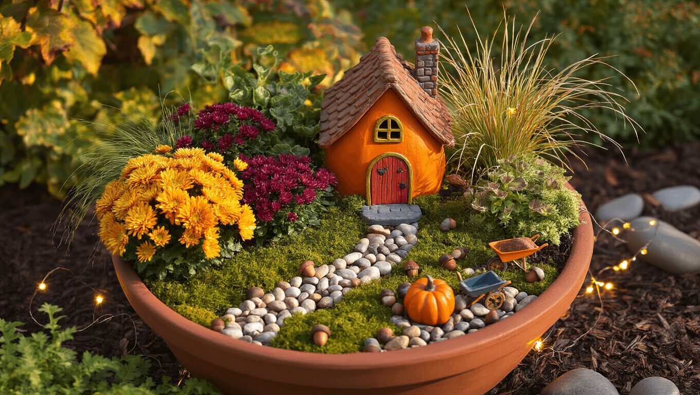 Cinematic overhead view of a whimsical fall fairy garden in a weathered terracotta bowl, showcasing a miniature pumpkin cottage, vibrant flowers, ornamental grasses, and twinkling fairy lights, illuminated by golden hour sunlight.