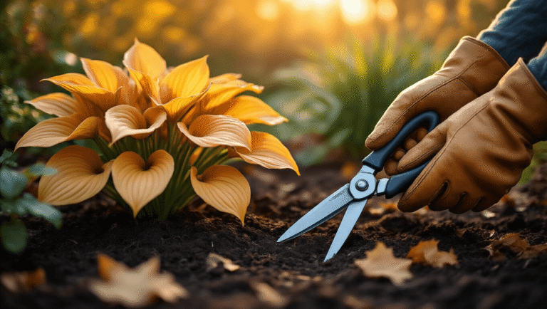Cinematic autumn garden scene with dormant hostas and fallen leaves, featuring weathered gardening gloves and pruners, set in warm golden hour lighting, highlighting fall garden maintenance and tool sterilization.