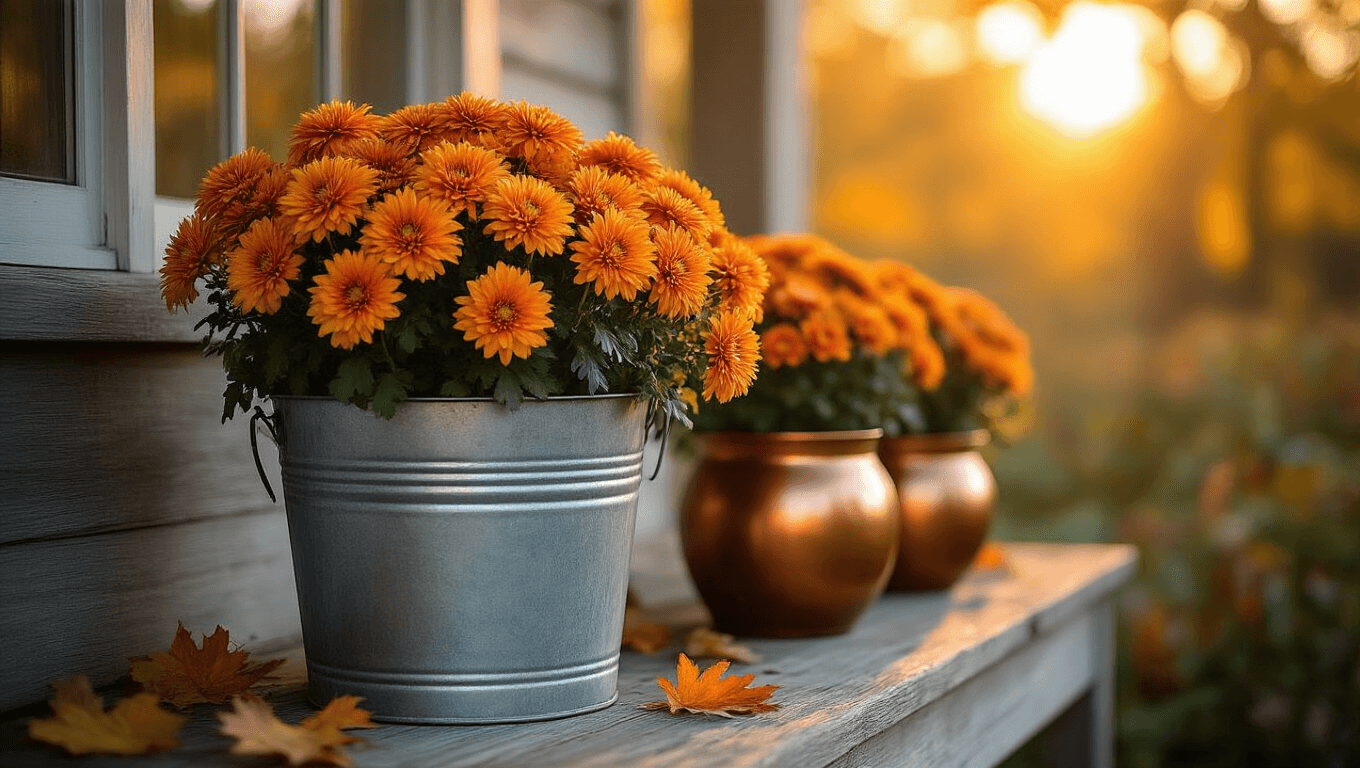 A rustic farmhouse porch bathed in warm golden hour light, featuring a large galvanized bucket overflowing with vibrant orange chrysanthemums, burnished copper planters, and hints of fallen leaves, all set against weathered wooden planks with soft shadows and inviting atmosphere.