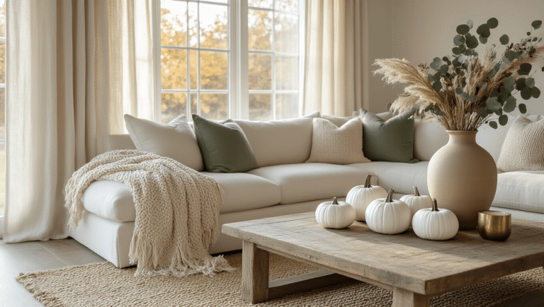 A cozy living room featuring a cream sectional sofa with a taupe chunky knit throw, white ceramic pumpkins on a reclaimed wood coffee table, and a tall stoneware vase with dried eucalyptus and pampas grass, all bathed in warm morning light.
