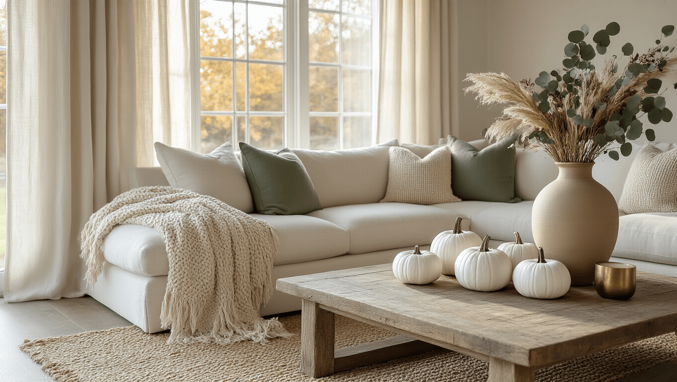 A cozy living room featuring a cream sectional sofa with a taupe chunky knit throw, white ceramic pumpkins on a reclaimed wood coffee table, and a tall stoneware vase with dried eucalyptus and pampas grass, all bathed in warm morning light.