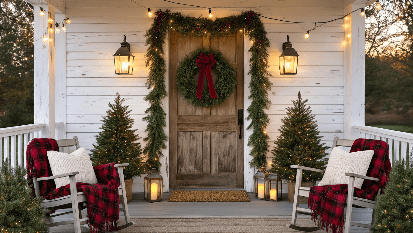 Cinematic wide-angle shot of a cozy farmhouse porch decorated for Christmas, featuring a large pine wreath with a red ribbon, evergreen garland, vintage lanterns, plaid blankets, and warm amber lighting amidst a soft winter mist.