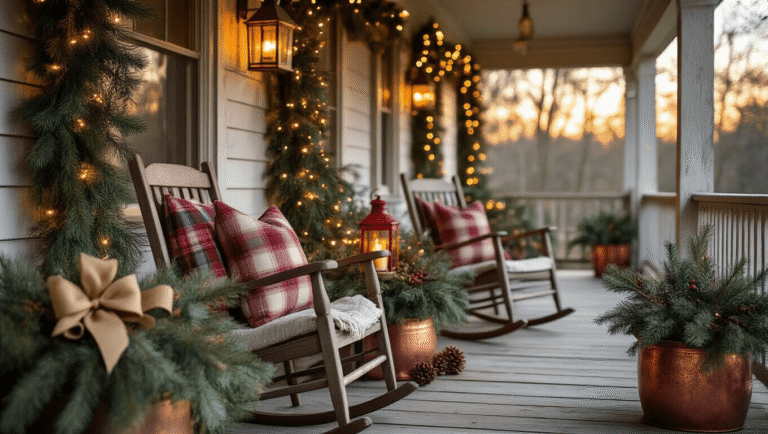A cozy farmhouse front porch adorned with pine garlands, twinkling fairy lights, vintage lanterns, and rustic decor, illuminated by warm golden hour light.
