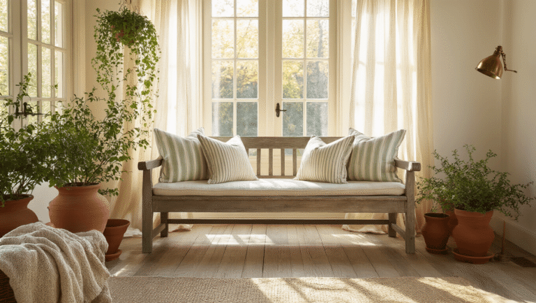 Cozy farmhouse sunroom with golden hour lighting, weathered wooden bench with striped cushions, terracotta pots with greenery, oak flooring, wool throw, and vintage brass lamp.