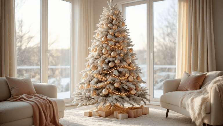 Ultra-realistic image of a beautifully decorated flocked Christmas tree in a modern living room, featuring blush pink and gold ornaments, warm white LED lights, and luxurious velvet ribbons, illuminated by soft afternoon light streaming through large windows, with cozy cream boucle furniture and natural wood floors.
