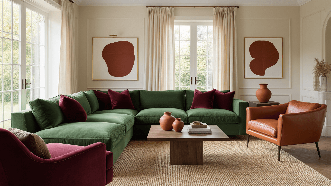 Sophisticated living room featuring a forest green sectional sofa, burgundy velvet throw pillows, burnt orange accent chair, and cream linen curtains, with terracotta vases and a jute rug, all bathed in warm afternoon light.