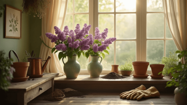 Cinematic wide-angle view of a serene garden room with blooming lilac branches in vintage vases, morning sunlight streaming through windows, a weathered oak workbench with terracotta pots and tools, sage green walls adorned with botanical illustrations, and rustic wooden floors, all creating a warm, inviting atmosphere.